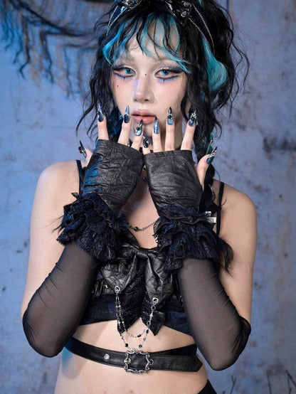Virtual Orbit Black Blue Punk Ruffle Glitter Lace Mesh Women&