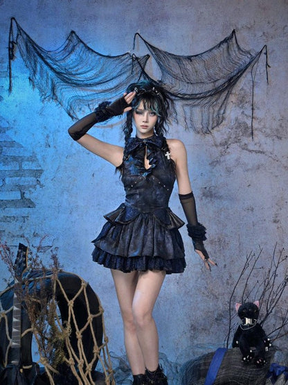 Virtual Orbit Black Blue Punk Ruffle Glitter Lace Mesh Women&