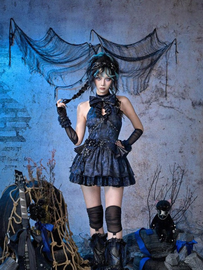 Virtual Orbit Black Blue Punk Ruffle Glitter Lace Mesh Women&