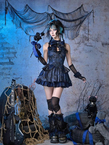Virtual Orbit Black Blue Punk Ruffle Glitter Lace Mesh Women&