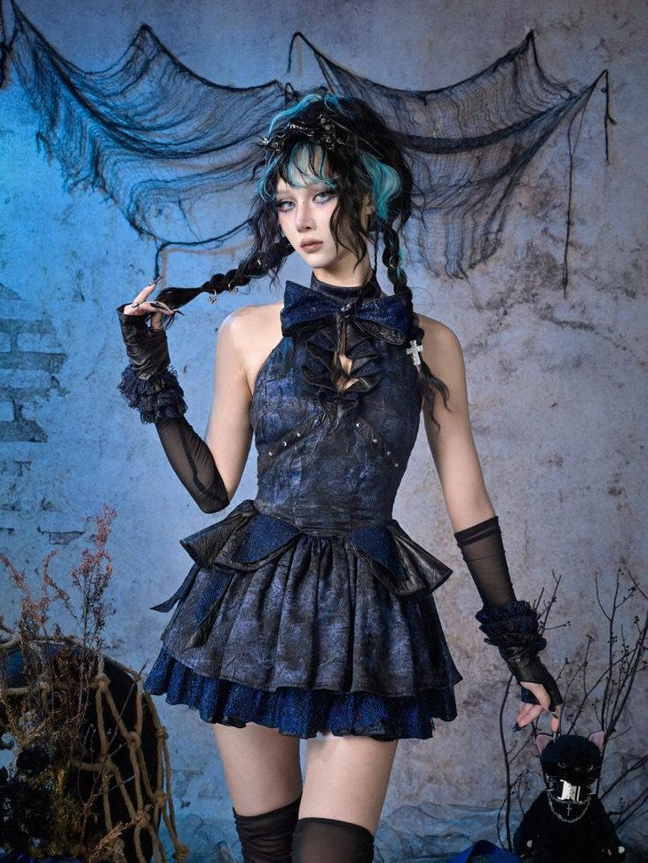 Virtual Orbit Black Blue Punk Ruffle Glitter Lace Mesh Women&