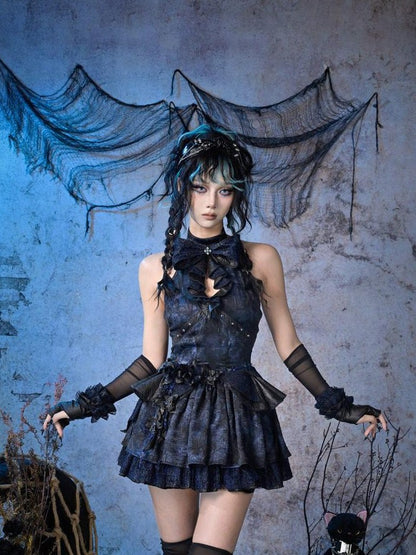Virtual Orbit Black Blue Punk Ruffle Glitter Lace Mesh Women&