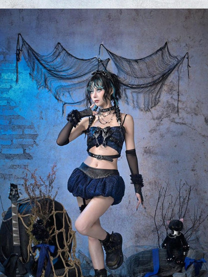 Virtual Orbit Black Blue Punk Ruffle Glitter Lace Mesh Women&