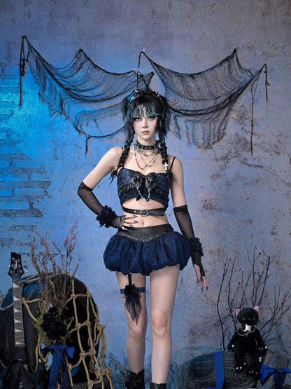 Virtual Orbit Black Blue Punk Ruffle Glitter Lace Mesh Women&