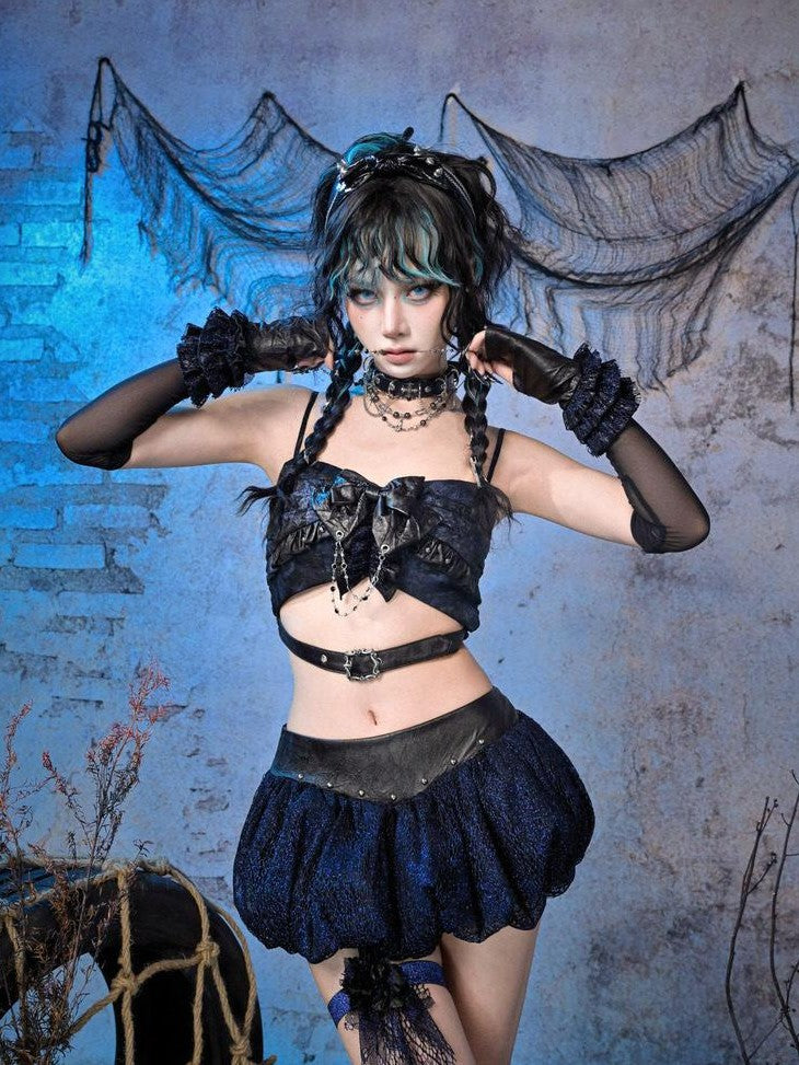 Virtual Orbit Black Blue Punk Ruffle Glitter Lace Mesh Women&