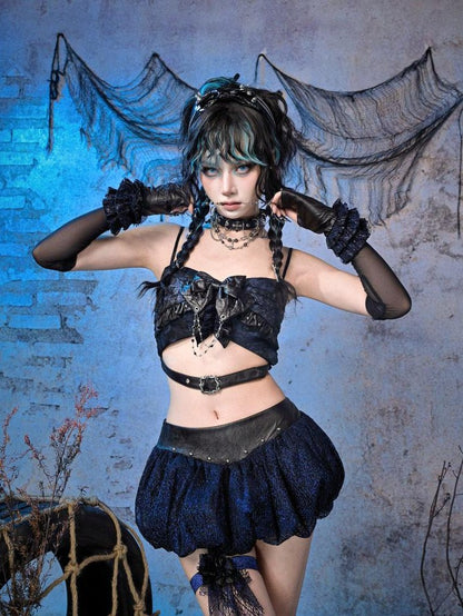 Virtual Orbit Black Blue Punk Ruffle Glitter Lace Mesh Women&