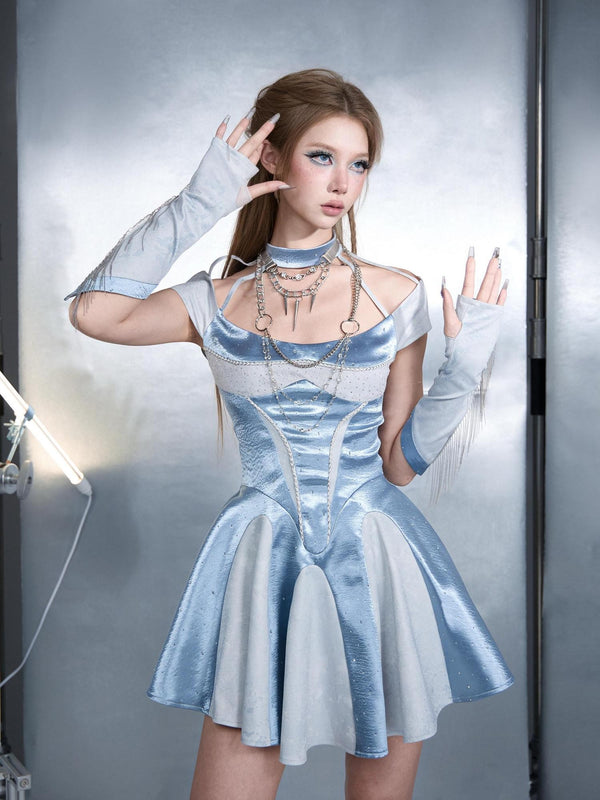 Blue Satin Halter Neck Waist Cinch A Line Women's Polyester Corset Midi Dresses