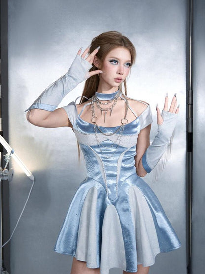 Virtual Orbit Blue Satin Halter Neck Waist Cinch A Line Women&