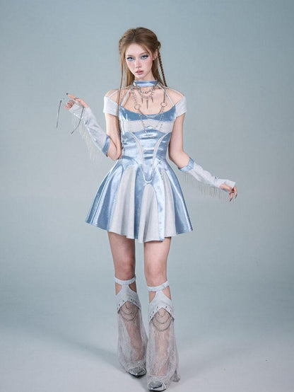 Virtual Orbit Blue Satin Halter Neck Waist Cinch A Line Women&