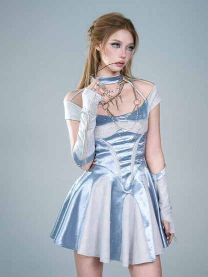 Virtual Orbit Blue Satin Halter Neck Waist Cinch A Line Women&