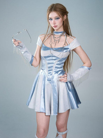 Virtual Orbit Blue Satin Halter Neck Waist Cinch A Line Women&