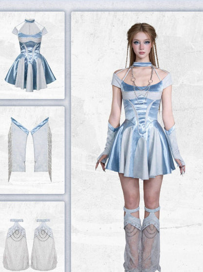 Virtual Orbit Blue Satin Halter Neck Waist Cinch A Line Women&