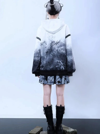 Virtual Orbit Chinese Ink Bamboo Embroidered Hoodie With Detachable Leather Buckle