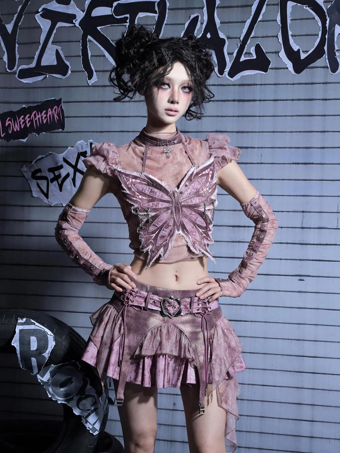 Virtual Orbit Corroded Butterfly Cage Y2k Punk Bustier Set