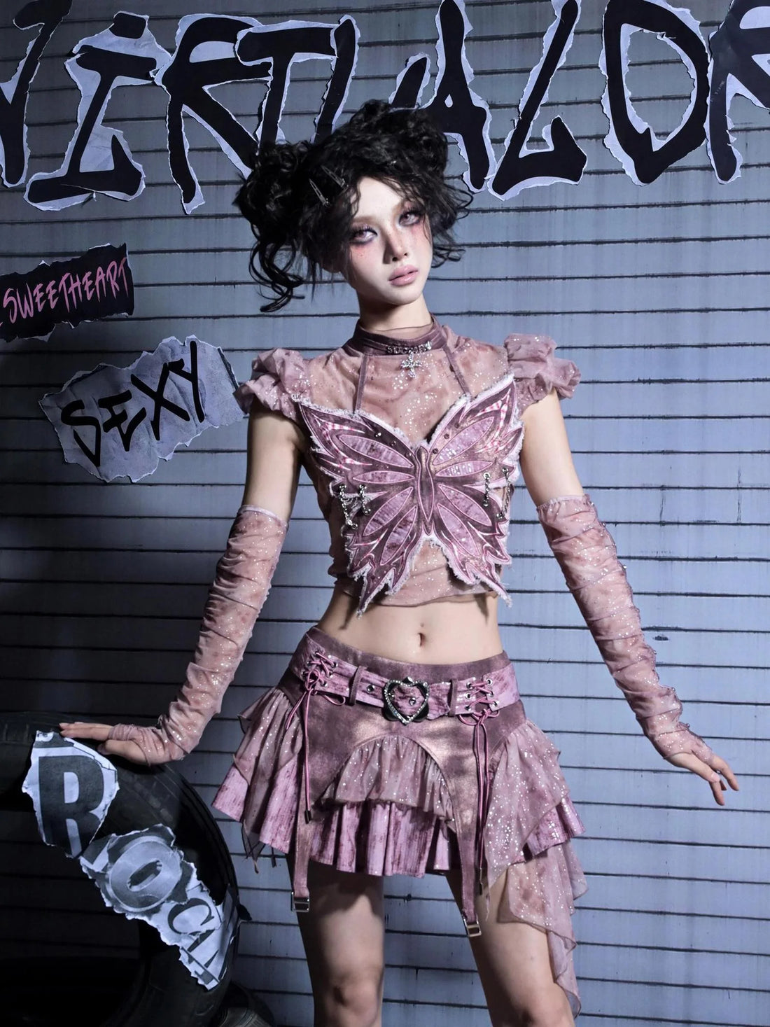 Virtual Orbit Corroded Butterfly Cage Y2k Punk Bustier Set
