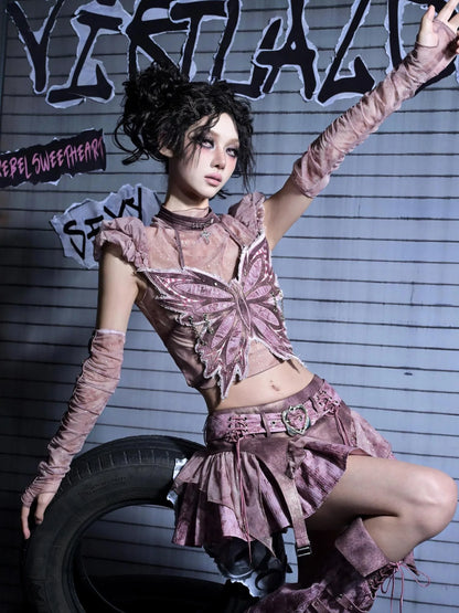 Virtual Orbit Corroded Butterfly Cage Y2k Punk Bustier Set
