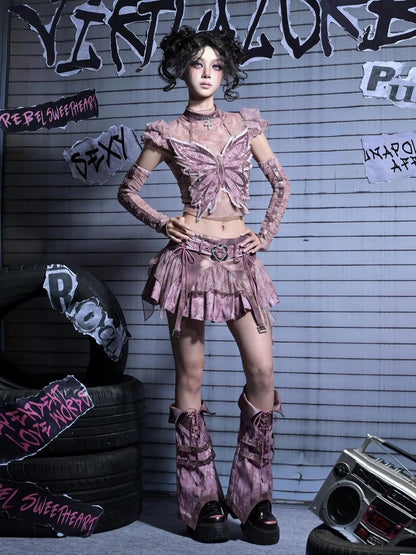 Virtual Orbit Corroded Butterfly Cage Y2k Punk Bustier Set
