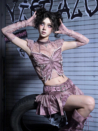 Virtual Orbit Corroded Butterfly Cage Y2k Punk Bustier Set