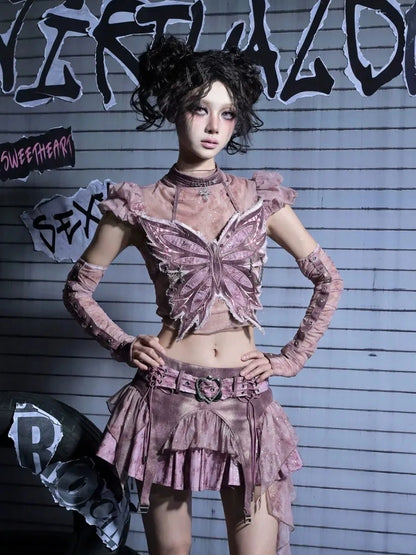 Virtual Orbit Corroded Butterfly Cage Y2k Punk Bustier Set