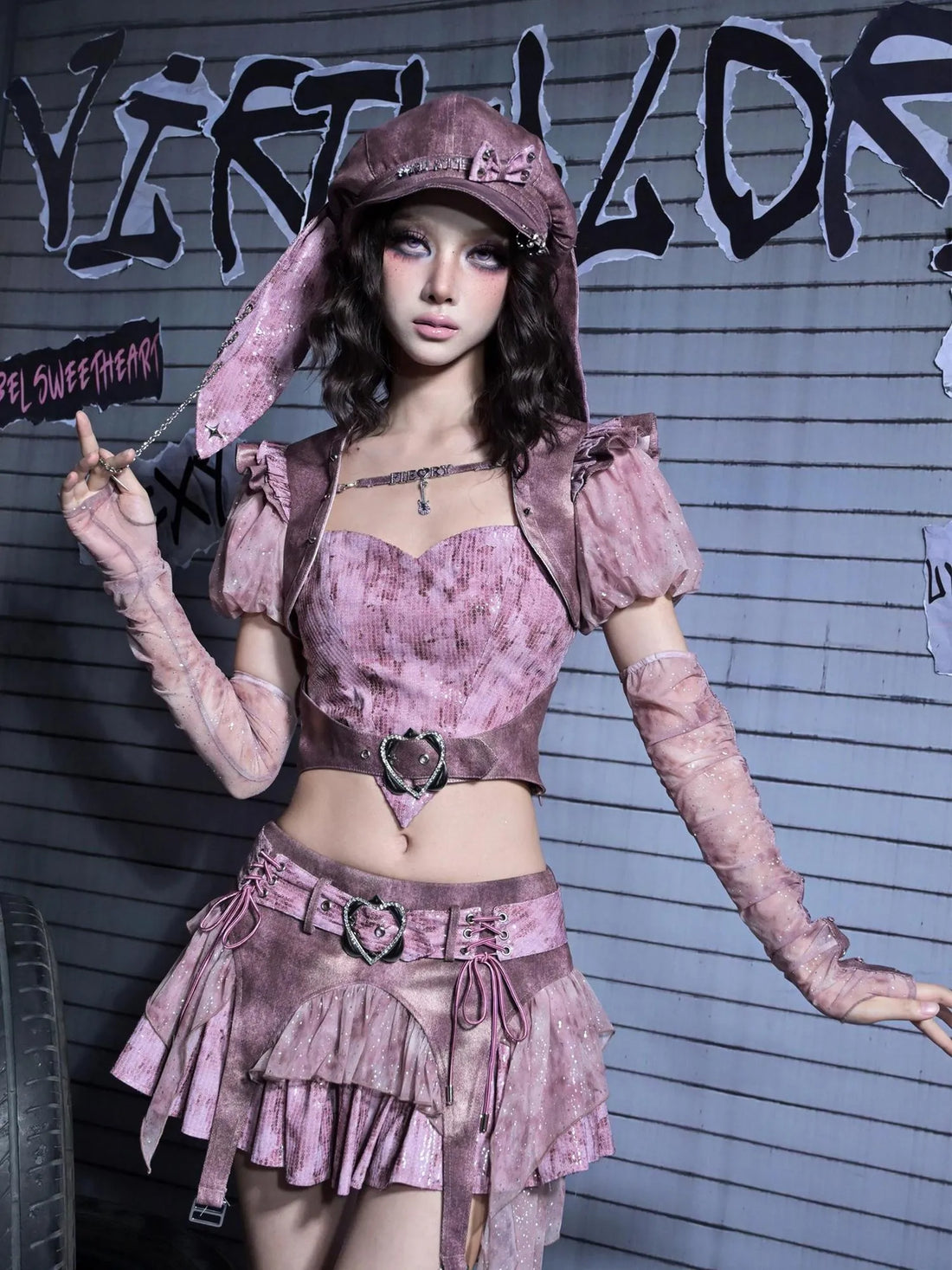 Virtual Orbit Corroded Butterfly Heart Y2k V-neck T-shirt Long Sleeve