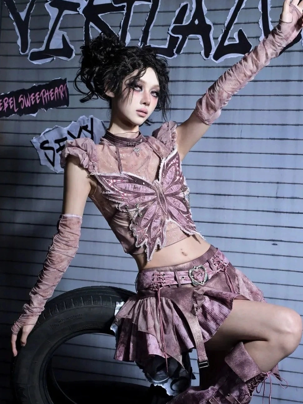 Virtual Orbit Corroded Butterfly Punk Mini Skirt