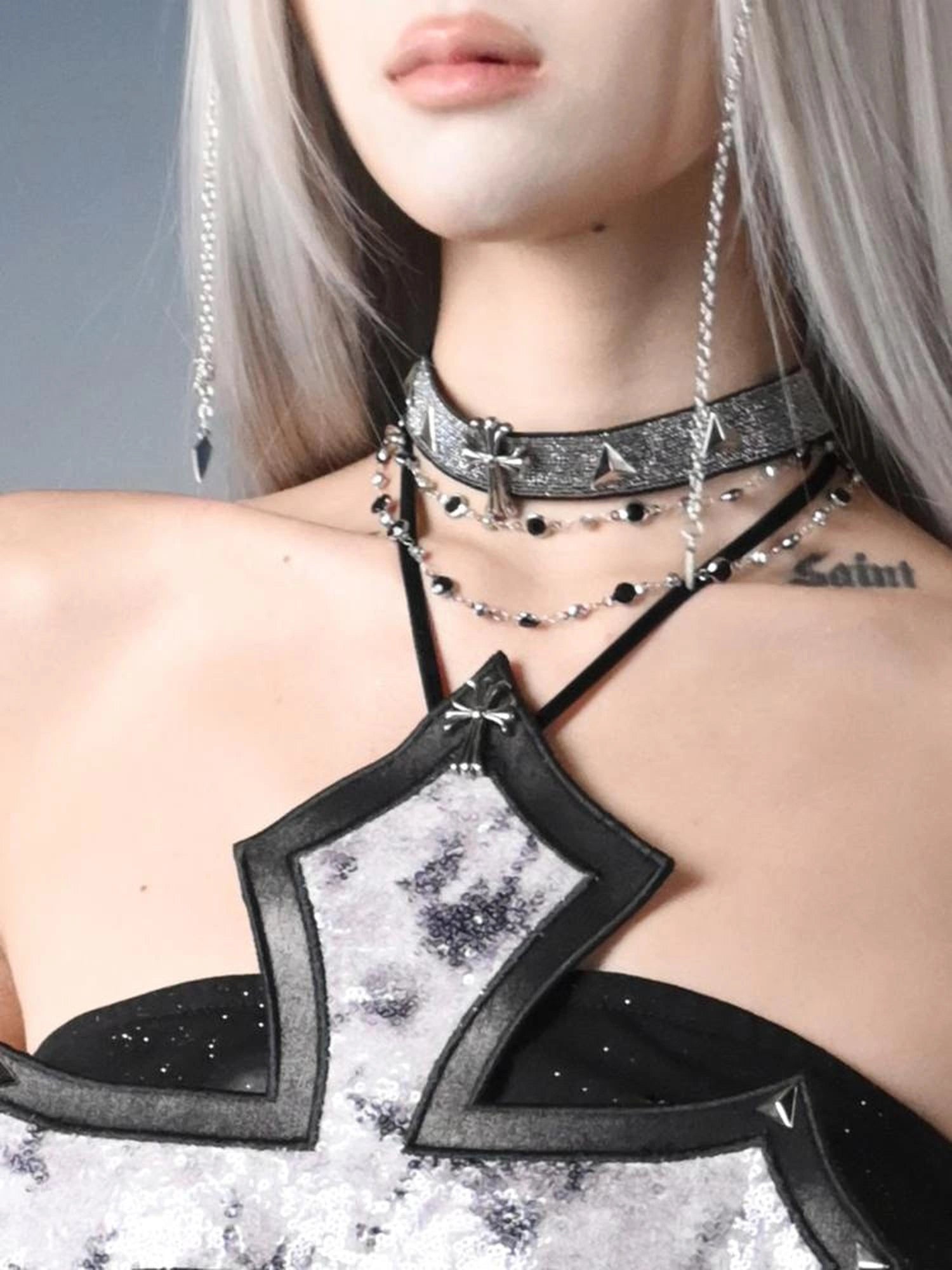 Virtual Orbit Cyberpunk Cross Choker Collar Necklace