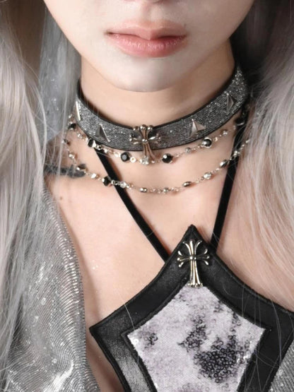 Virtual Orbit Cyberpunk Cross Choker Collar Necklace