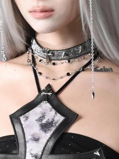 Virtual Orbit Cyberpunk Cross Choker Collar Necklace