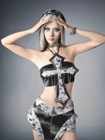 Virtual Orbit Cyberpunk Cross Choker Collar Necklace