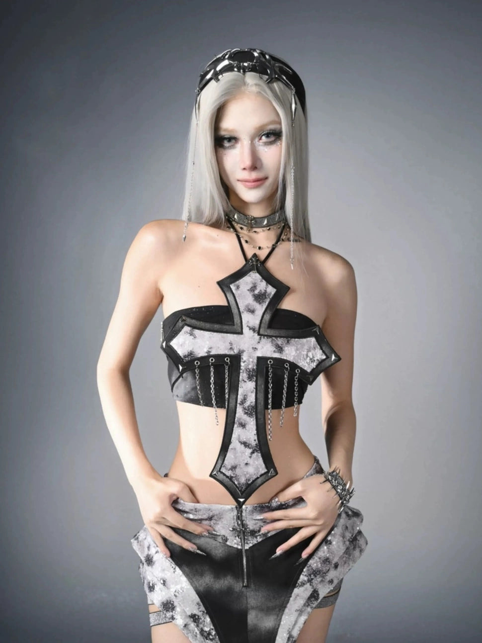 Virtual Orbit Cyberpunk Cross Choker Collar Necklace