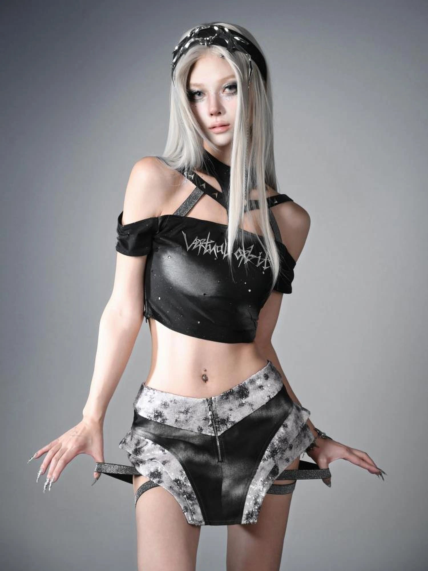 Virtual Orbit Data Ghost Y3k Cyber Punk Low Waist Sequin Skirt