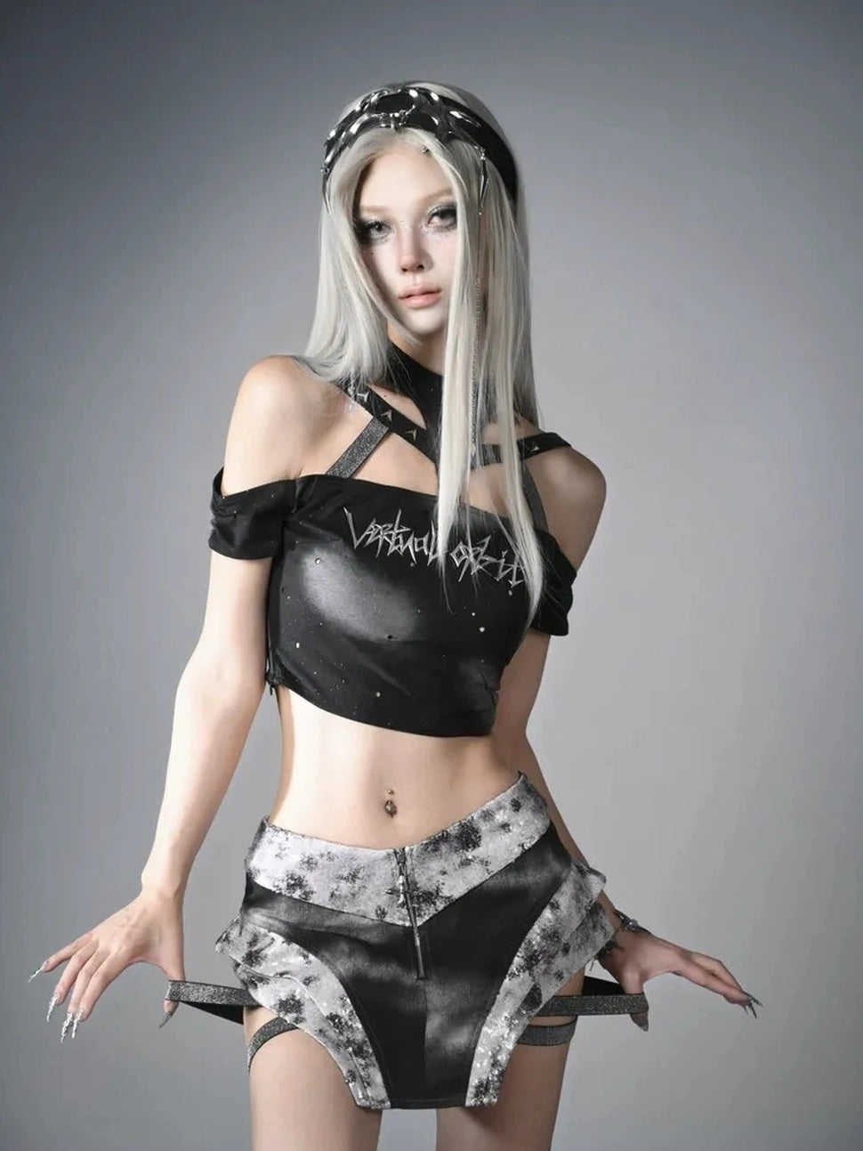 Virtual Orbit Data Ghost Y3k Cyber Punk Low Waist Sequin Skirt