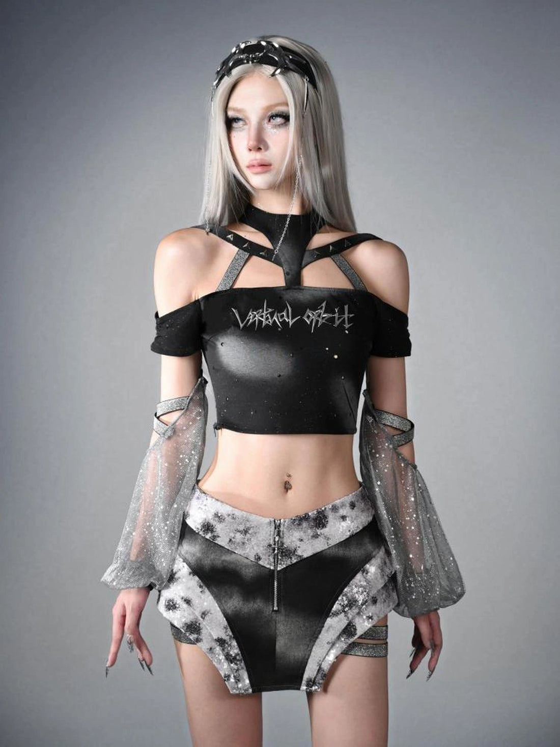 Virtual Orbit Data Ghost Y3k Two Way Sleeve Halter Top