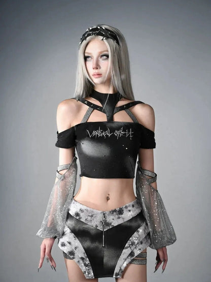 Virtual Orbit Data Ghost Y3k Two Way Sleeve Halter Top