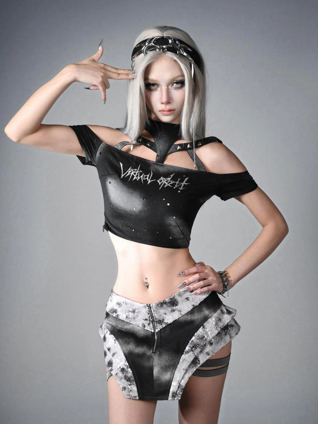 Virtual Orbit Data Ghost Y3k Two Way Sleeve Halter Top