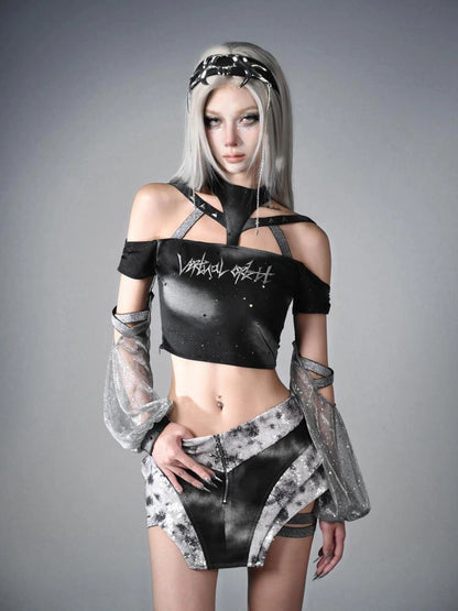 Virtual Orbit Data Ghost Y3k Two Way Sleeve Halter Top