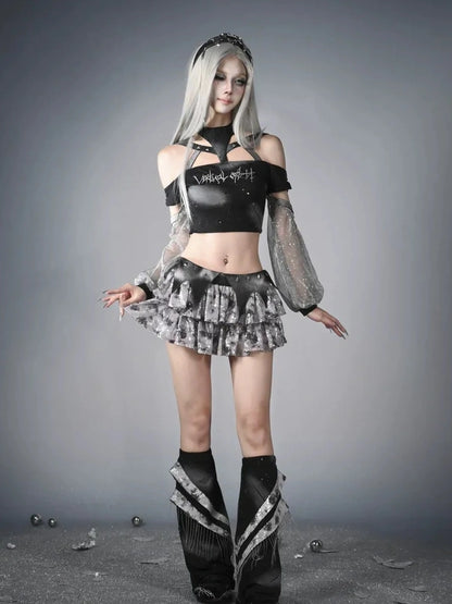 Virtual Orbit Data Ghost Y3k Two Way Sleeve Halter Top