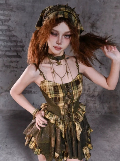 Virtual Orbit Disordered Boundary Asymmetric Plaid Mini Dress