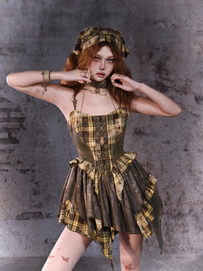 Virtual Orbit Disordered Boundary Asymmetric Plaid Mini Dress