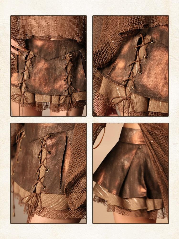 Virtual Orbit Distressed Foil Pleated Patchwork Low Rise Women&