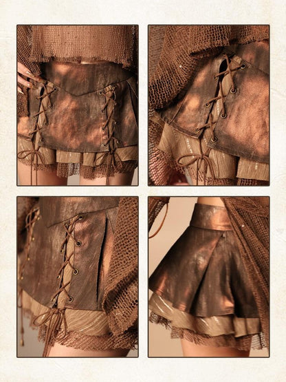 Virtual Orbit Distressed Foil Pleated Patchwork Low Rise Women&