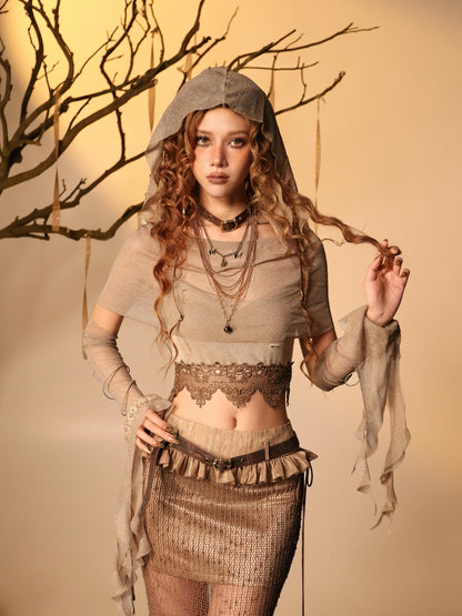 Virtual Orbit Distressed Patchwork Mesh Low Waist Women&