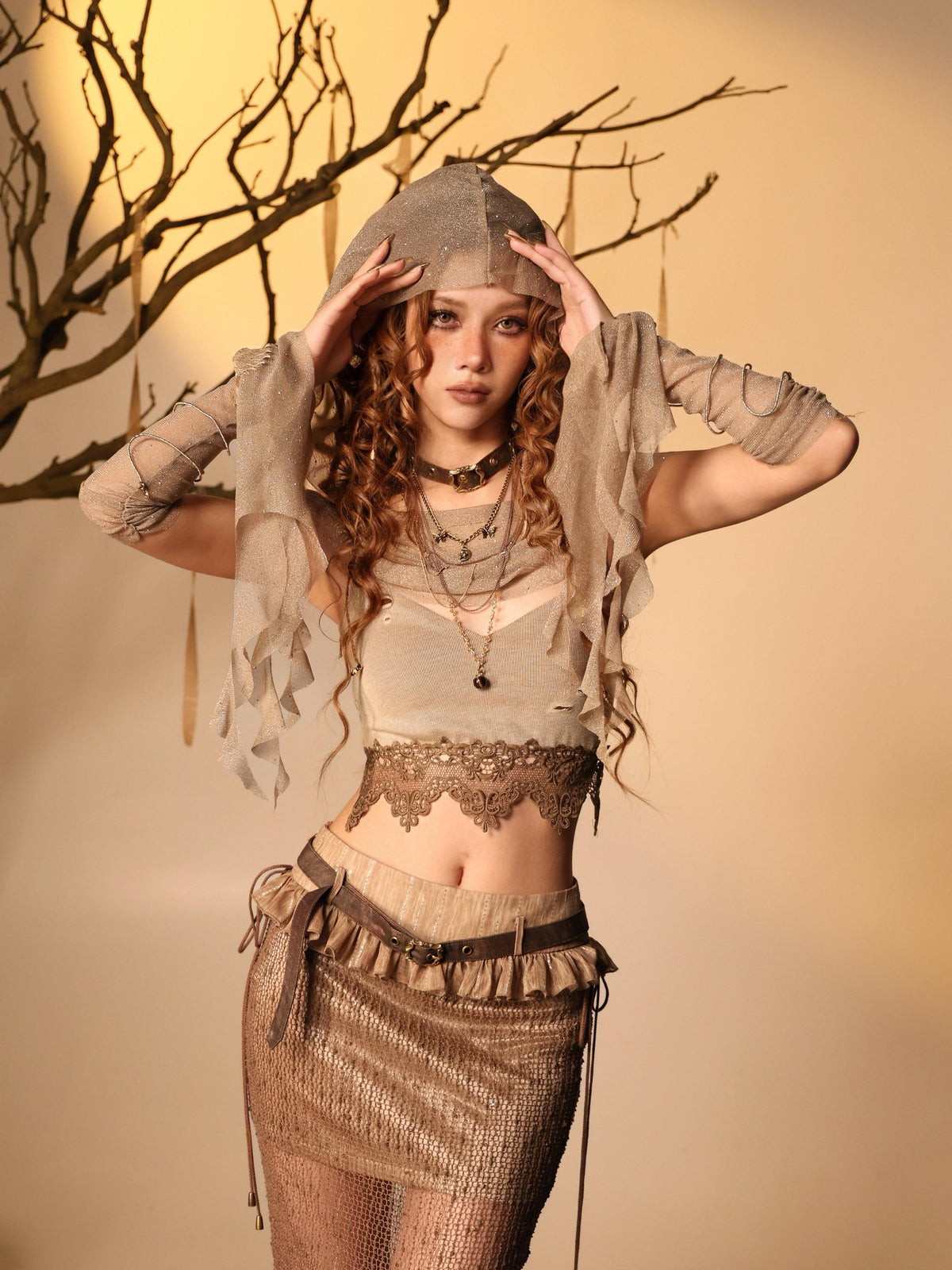 Virtual Orbit Distressed Patchwork Mesh Low Waist Women&