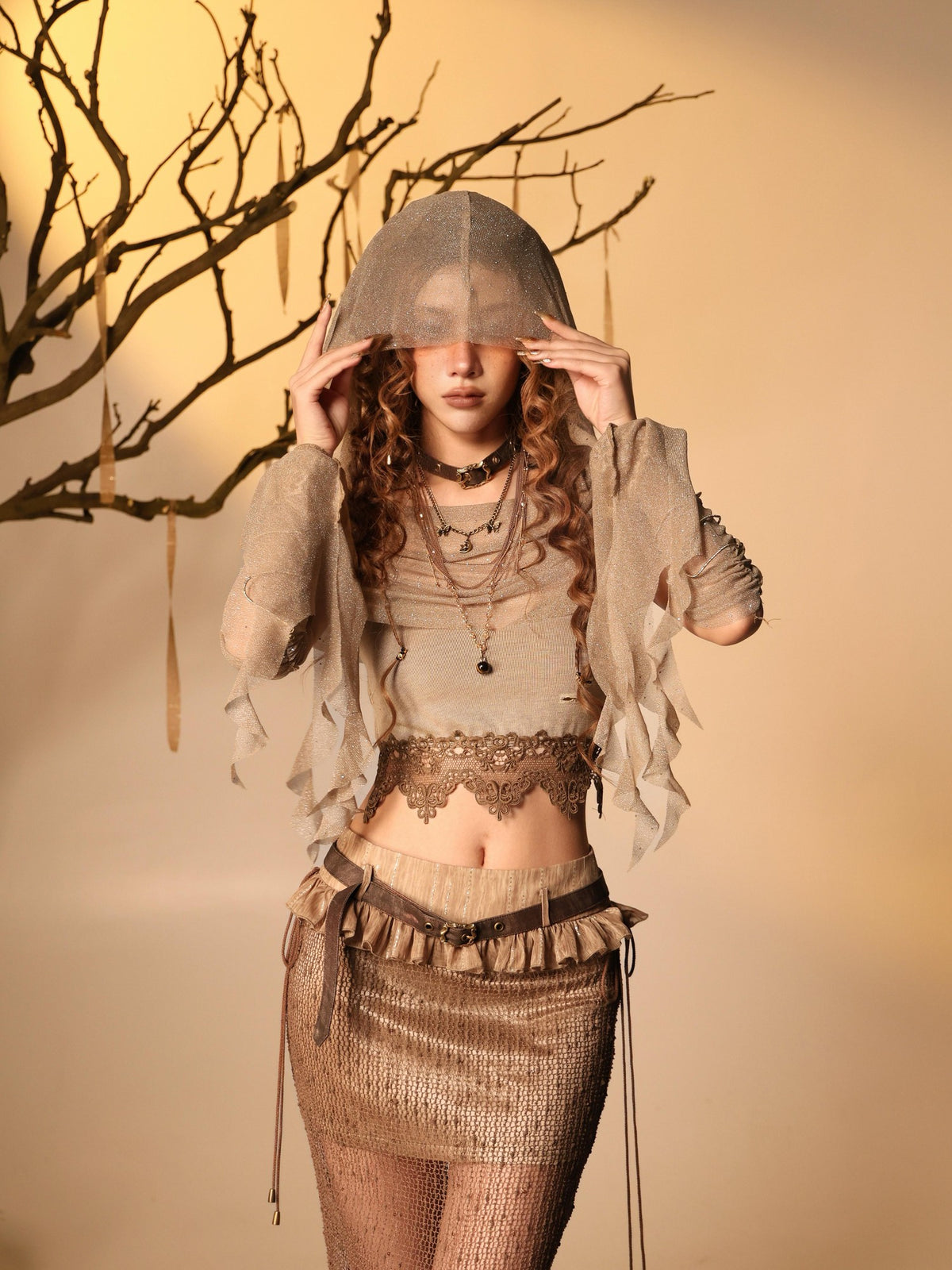 Virtual Orbit Distressed Patchwork Mesh Low Waist Women&