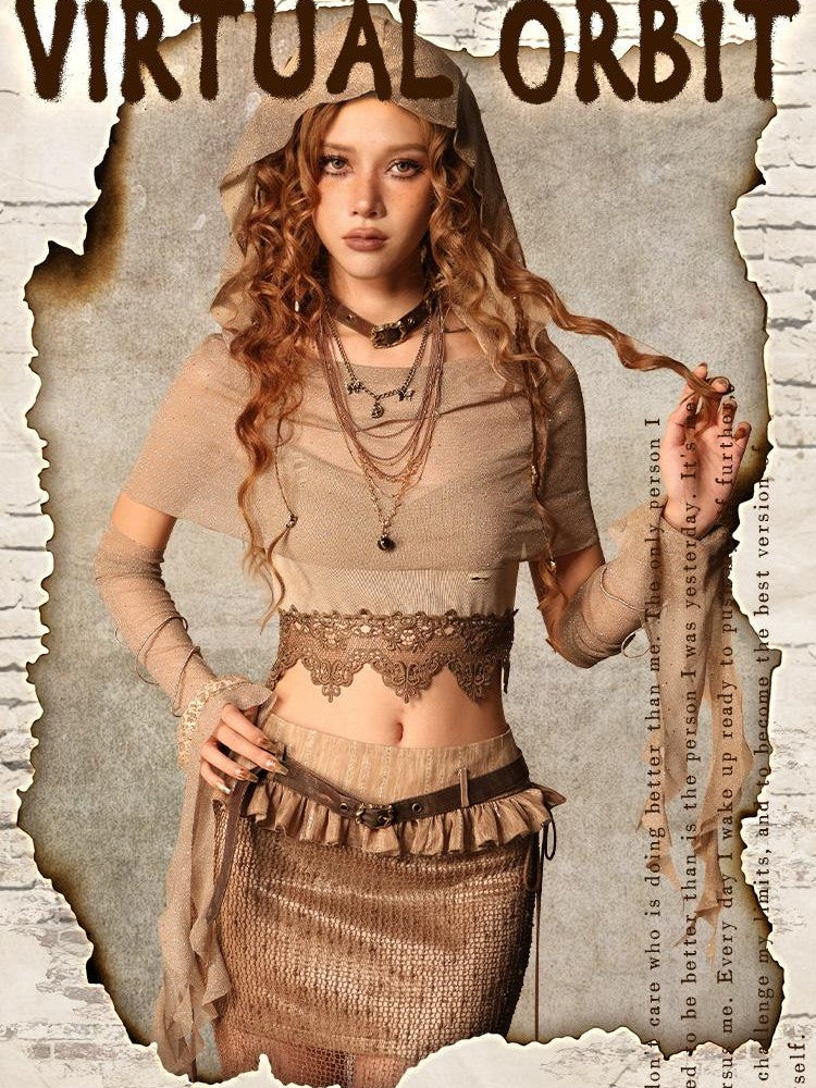 Virtual Orbit Distressed Patchwork Mesh Low Waist Women&