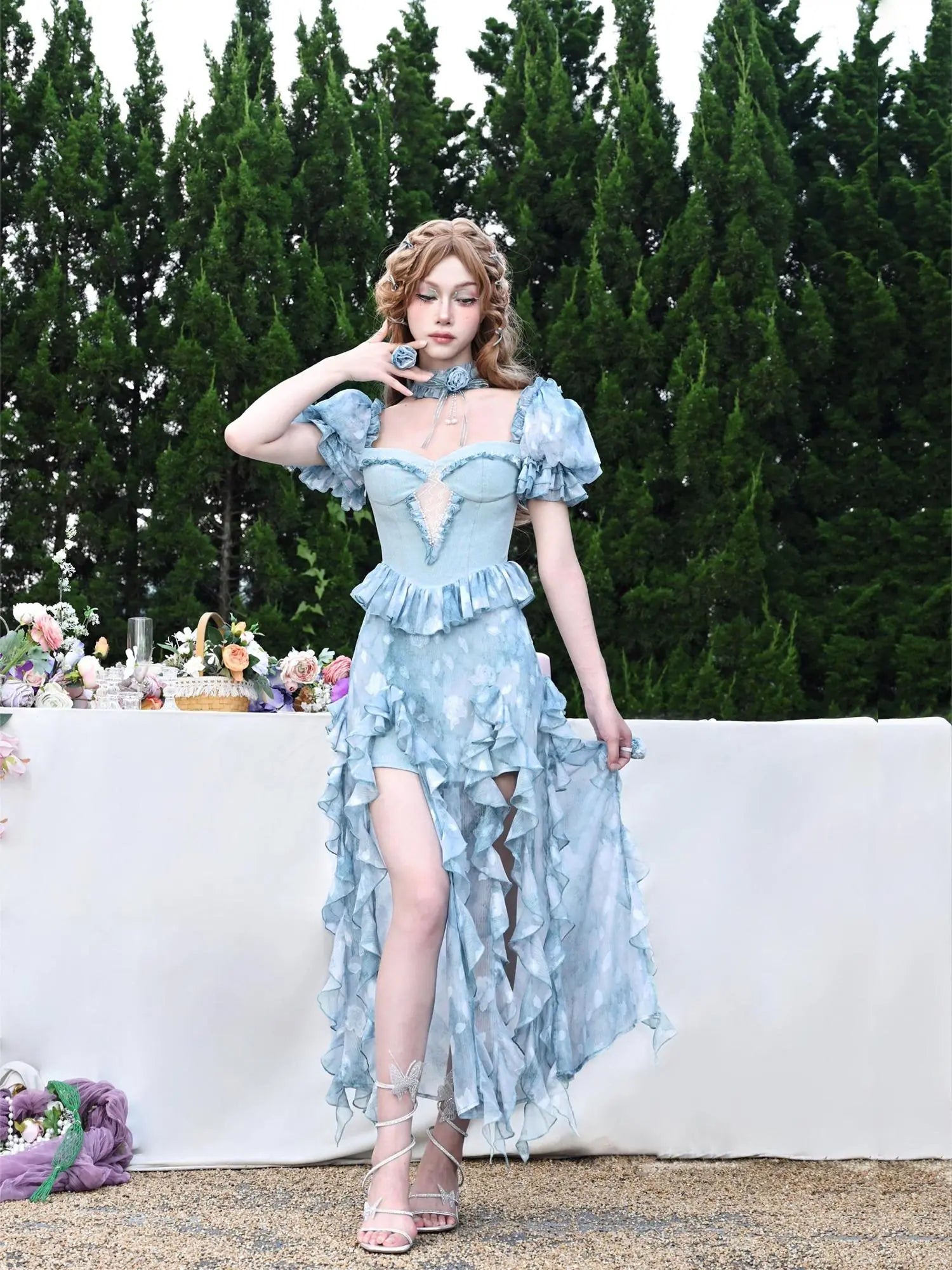 Virtual Orbit Dreamy Blue Rose Ruffle Slit V-neck Dress