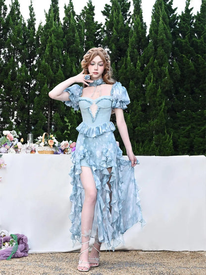 Virtual Orbit Dreamy Blue Rose Ruffle Slit V-neck Dress