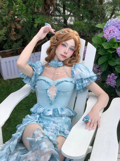 Virtual Orbit Dreamy Blue Rose Ruffle Slit V-neck Dress