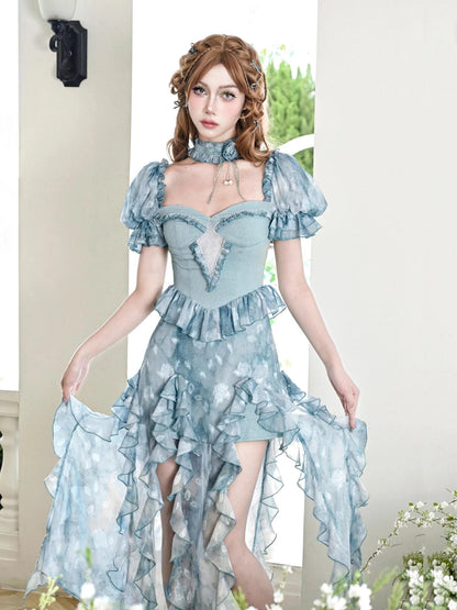 Virtual Orbit Dreamy Blue Rose Ruffle Slit V-neck Dress