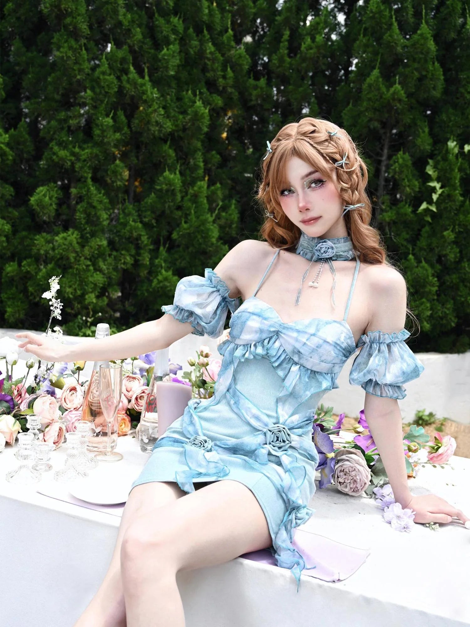 Virtual Orbit Dreamy Rose Dye Chiffon Slip V-neck Dress